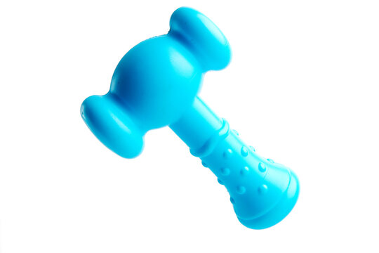 Selective focused, an image of toy hammer made from blue soft rubber isolated on white background.