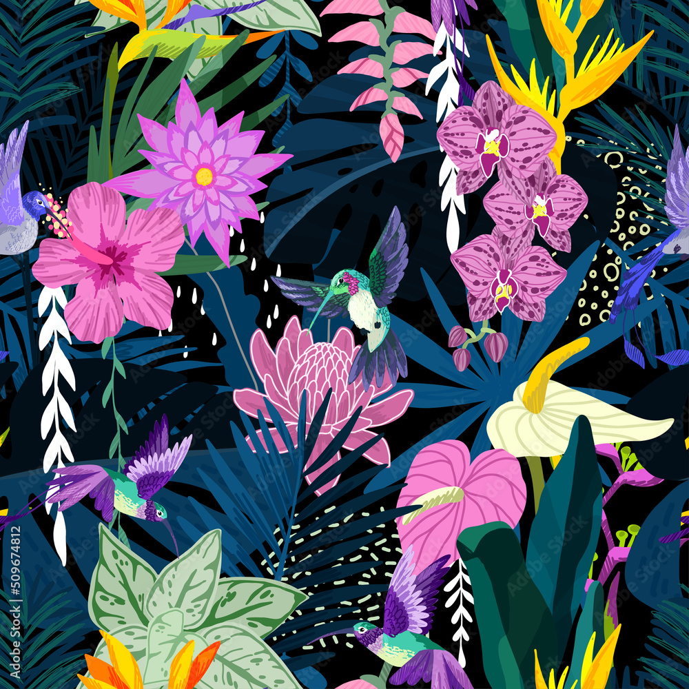 Sticker tropical seamless pattern. hand drawn vector art