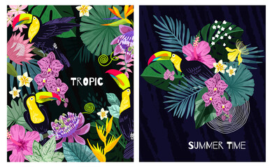 set of two posters with tropical leaves and toucan © nurofina
