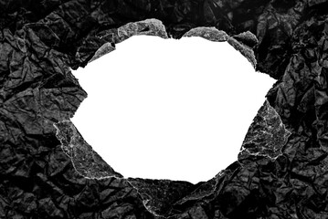 Texture of crumpled black crumpled paper with a hole in the center. Paper with free space for writing