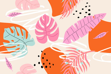 Vector colorful hand-drawn tropical seamless pattern. Modern print with tropical leaves, monstera, banana leaves, spots, dots and doodle.
