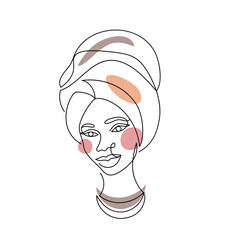 Face of an Afro American woman in a modern abstract minimalist one line style with minimal shapes. Continuous black line of an African girl simple drawing. Isolated on white. Vector illustration.