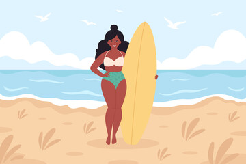 Black woman with surfboard on the beach. Summer activity, summertime, surfing. Hello summer. Summer Vacation. Hand drawn vector illustration