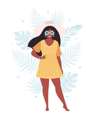 Black woman in hat and retro glasses on tropical leaves background. Hello summer, summertime, vacation. Hand drawn vector illustration