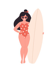 Woman with surfboard. Summer activity, summertime, surfing. Hello summer. Summer Vacation. Hand drawn vector illustration