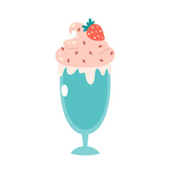 Vanilla ice cream in glass with strawberry. Summertime, hello summer. Hand drawn vector illustration