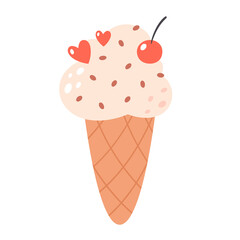 Vanilla ice cream in waffle cone with cherry. Summertime, hello summer. Hand drawn vector illustration