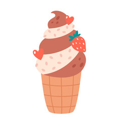 Vanilla and chocolate ice cream in waffle cone with strawberry. Summertime, hello summer. Hand drawn vector illustration