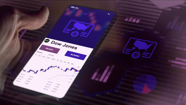Dow Jones indice am&eacute;ricain sur smartphone. Donn&eacute;e, graphique fonds grande entreprise Am&eacute;rique bourse NY dow jones &eacute;tats unis Am&eacute;rique usa new york Investisseur regarde r&eacute;sultats etf, texte en fran&ccedil;ais