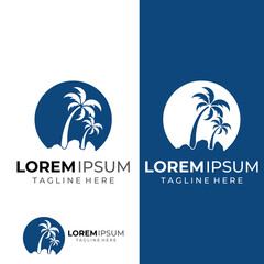 Naklejka premium Palm tree logo, palm with waves and sun. Using Illustrator template design editing.
