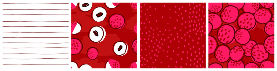 Lychee red and pink abstract seamless pattern. Colorful litchi opened and whole fruit kitchen textile print or product packaging background in red, white and pink colors.