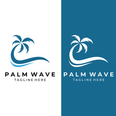 Palm tree logo, palm with waves and sun. Using Illustrator template design editing.