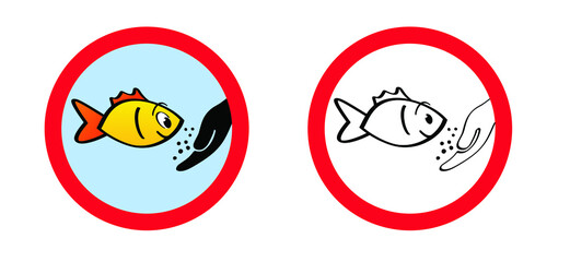 Stop, do not feed fish in the aquarium or fish tank. No Hand feeds. Do not feed the fishing underwater. Cartoon vector water signor signbaord. No ban, stop, allowed area.