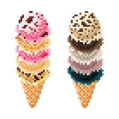 Ice cream cone pixel art set. Vector illustration.