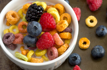 Top View of Colorful Cereal with Raspberries, Blueberries and Blackberries