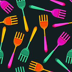 Fork seamless pattern. Vibrant cutlery art for kitchen wallpaper, fabric, wrapping paper, menu, packaging design. Scandinavian style. Flat vector illustration isolated on dark background