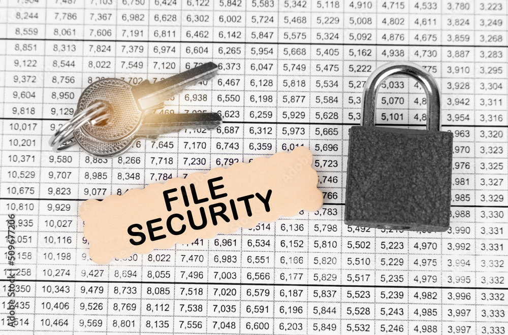 Poster against the background of a table with reports, a lock, keys and a sign with the inscription - file 