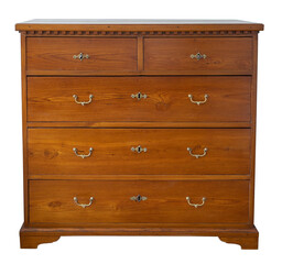 Old vintage antique chest of drawers oak wood on white.