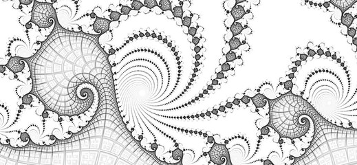 Digital art illustration black on white fractal spirals.