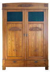 Brown classic wardrobe cabinet with two doors isolated on white background.