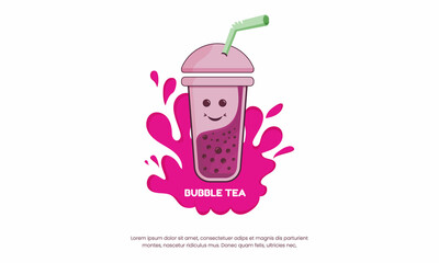 Pink bubble boba teacup flat illustration cute cartoon face with tapioca pearl, Bubble tea Taiwanese popular cold drink
