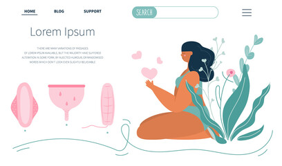 The landing page with body positive young woman, girl choice hygienic device menstrua pads, cup or tampon. Vector illustrations PMS and blood is NORMAL.