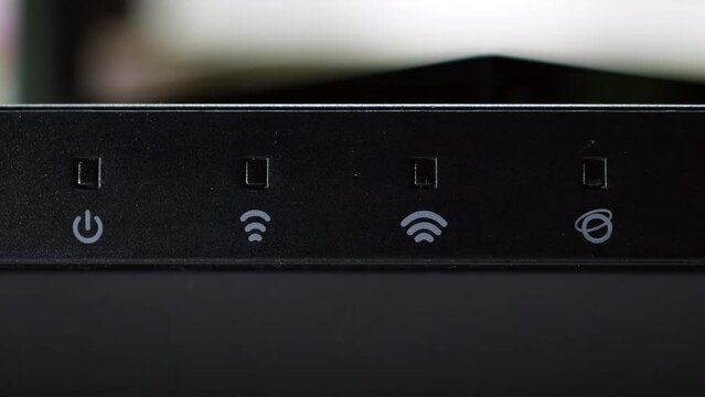 Working Wi-Fi Router With Powering Lights For Power, Internet, WAN, LAN And Wi-Fi And Internet Connection Status. Light Indicators On  Wireless Wifi Router. 4k. ProRes.