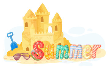 Obraz na płótnie Canvas Summer vector banner design with colorful beach elements isolated on white background. Inflated air letters. Sand castles. Vector illustration.