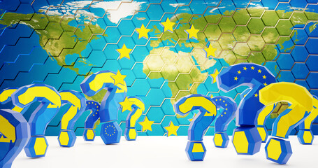 Ukraine and Europe concept. question marks creative abstract colored as the flags of Ukraine and Europe 3d-illustration. elements of this image furnished by NASA