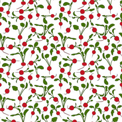 A set of seamless patterns of radishes, leaves and vegetables, 1000x1000 pixels, color version. Vector graphics.