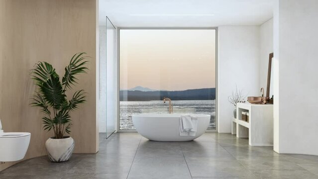 Luxury Bathroom Interior With Bathtub, Potted Plant And Sea View