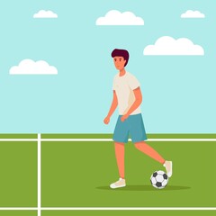 playing football on the field with the ball. man playing football. Vector illustration