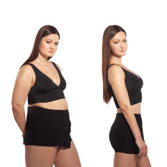 Comparison of a fat and thin girl. Slimming. Before and after. Weight loss. Liposuction. Fitness....