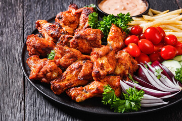 roast chicken wings with french fries and veggies
