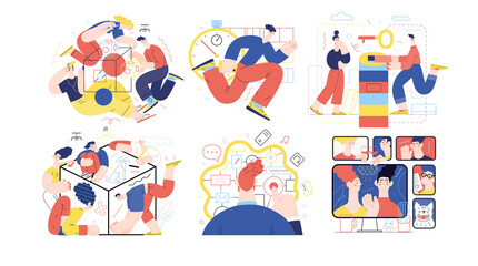 Technology Memphis illustrations - Brand, Time Management, Solution, Strategic Partership, CX customer experience, Video Conferencing Technology. Creative landing web page illustrations set