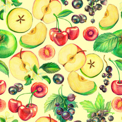 Seamless pattern of ripe apples, black currants and cherries, drawn with colored pencil. Graphic texture for packaging, postcard, wrapping paper, gift, fabric, banner and wallpaper.