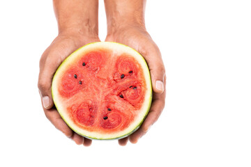 Citrullus Lanatus - Delicious Fresh Ripe Watermelon Fruit; In Male Hand On White Background