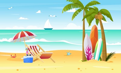 Summer paradise scene with surf boards, sea and sand landscape, umbrella, beach chair, cooler with drinks, crab, starfish. Vector illustration art in flat style