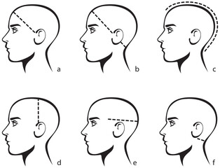 Stylized image of a male head. Template for selecting the size of a wig or hair system or caps for men. Measuring size chart. Vector illustration isolated on white background.
