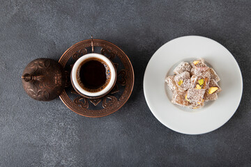 Traditional pistachio Turkish delight and Turkish coffee	