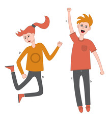 The children jumped for joy and looked happy. Hand drawing Vector Illustration doodle line art style.