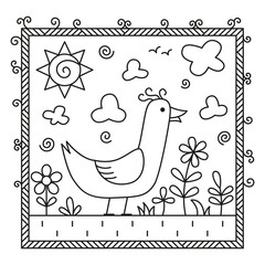 Duck stands on a meadow with flowers. The sun is shining from above and clouds are flying.Black and white vector illustration for coloring book.