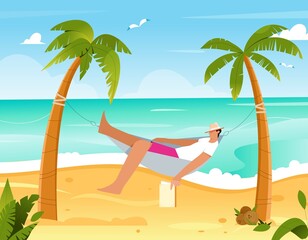Fototapeta na wymiar Man laying in a hammock between two palm trees on a beach napping by reading a book. Flat vector illustration. Tropical background with sea and sand