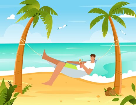 Man laying in a hammock between two palm trees on a beach drinking cocktail. Flat vector illustration. Tropical background with sea and sand