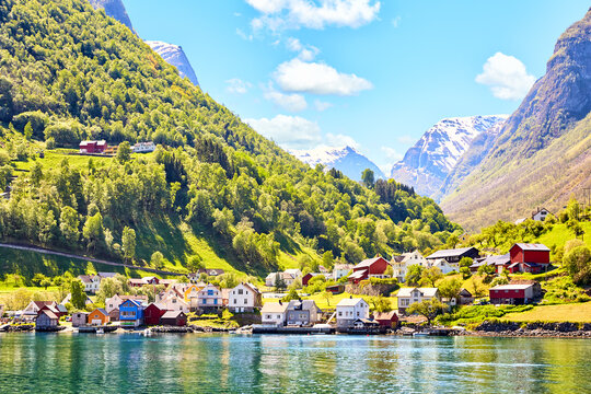 Village Undredal near Flam (Fl&aring;m), Aurlandsfjord narrow arm of the Sognefjord, Norway