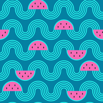 Seamless pattern with watermelon slices waves stripes. Summer, exotic, freshness, food concept for wrapping, wallpaper, backdrop. Vector illustration