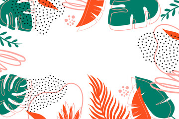 Modern colorful banner with tropical leaves. Hand drawn vector. Banana leaves, twigs, monstera, dots and doodles. Tropical frame on a white background. Printing on wallpaper, textiles, clothing.