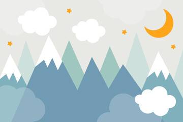 Vector hand drawn modern mountain landscape with stars, clouds and moon. Cute children's 3d wallpaper in scandinavian style. Children's room design.