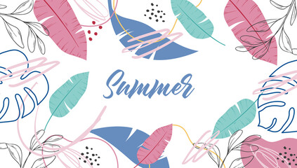 Vector hand drawn horizontal summer banner. Banner with tropical leaves, dots and doodles on a white background. Hand lettering summer.
For websites, social networks.