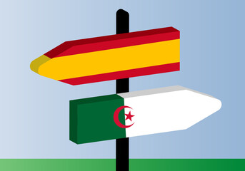 Desencuentro entre España y Argelia. Bandera de España y bandera de Argelia  en direcciones contrarias - obrazy, fototapety, plakaty